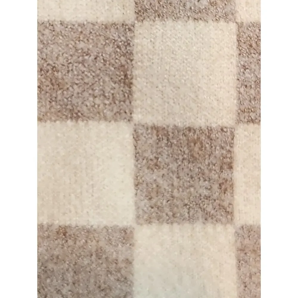 Originality Large long sleeve smiley face daisy checked boxy sweater tan cream